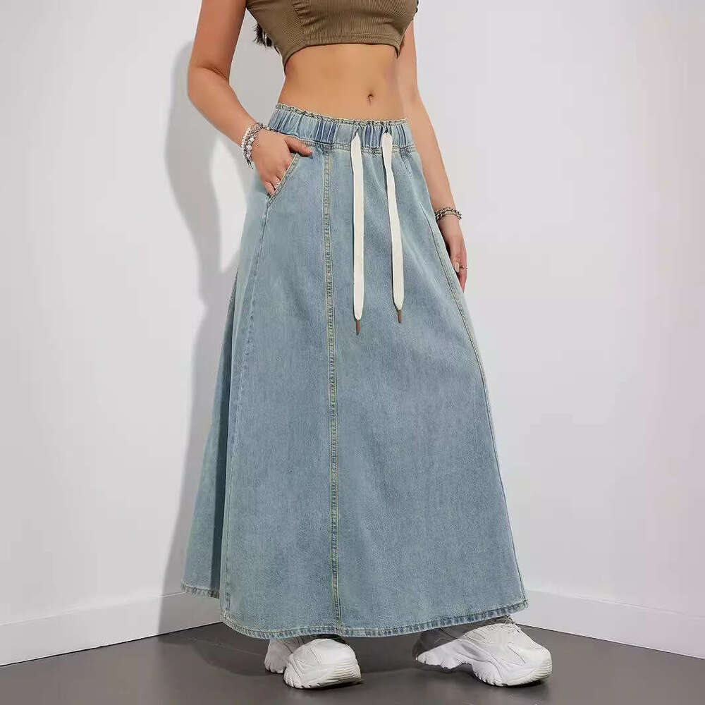 Cross-Border Foreign Trade European and American Style Design Elastic Waist Loose Big Hem Denim Women's Casual Long Skirt