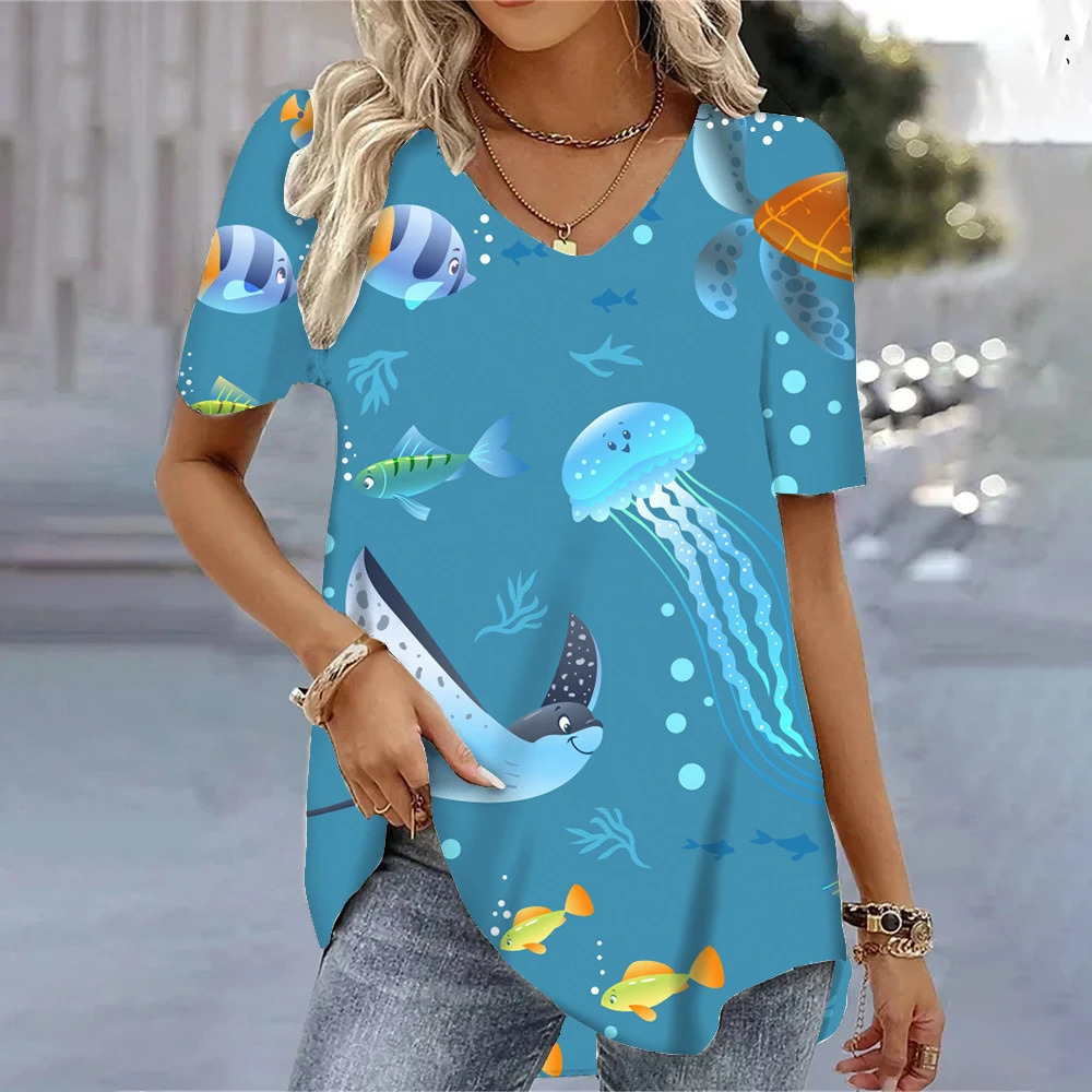Fashion Cactus Sea Star 3D Printing Woman Clothing Korean Clothes Y2k Clothes Outdoor Oversized V-Neck Womens Shirt 250725