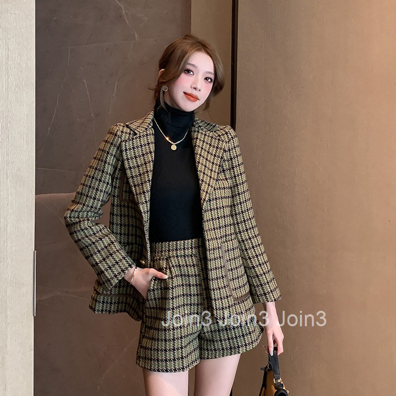 Winter Spring New French Style Elegant Plaid Long Sleeve Blazer Mid-Length Shorts Set for Women