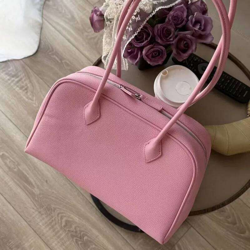 VOAETEC First Layer Cowhide Underarm Tote Niche Boston Pillow Bowling Handbag Commuter Shoulder Bag Casual Versatile