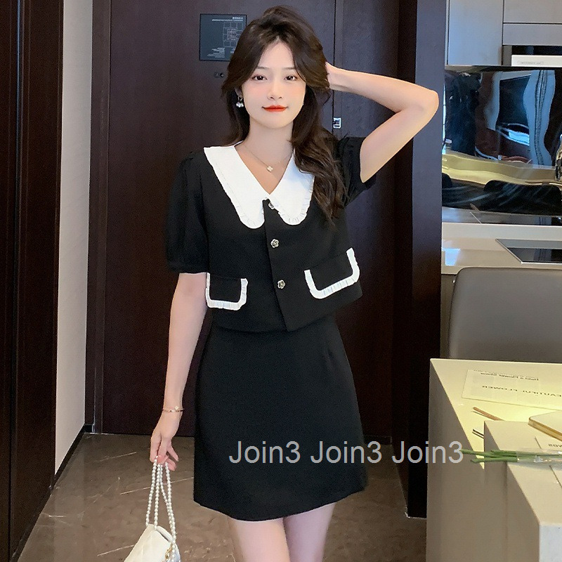 Summer New Style Socialite Plus Size Women Doll Collar Slimming Short Sleeve Top Shirt + Skirt Set