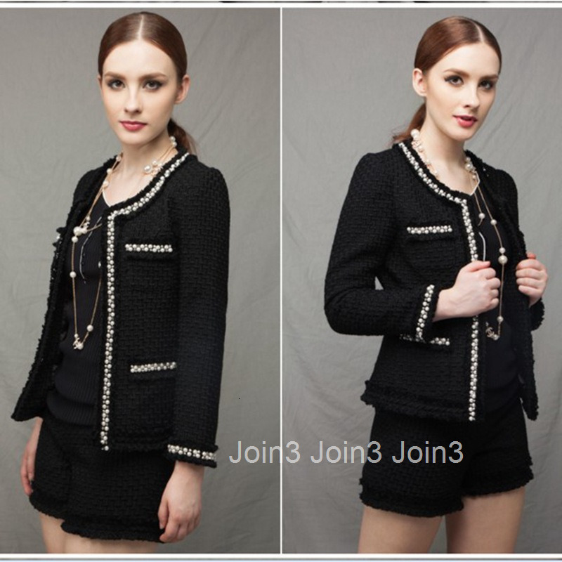 New Autumn Winter Tweed Fashion Long Sleeve Short Coat Heavy Beading Elegant Slim Fit Outerwear Trendy