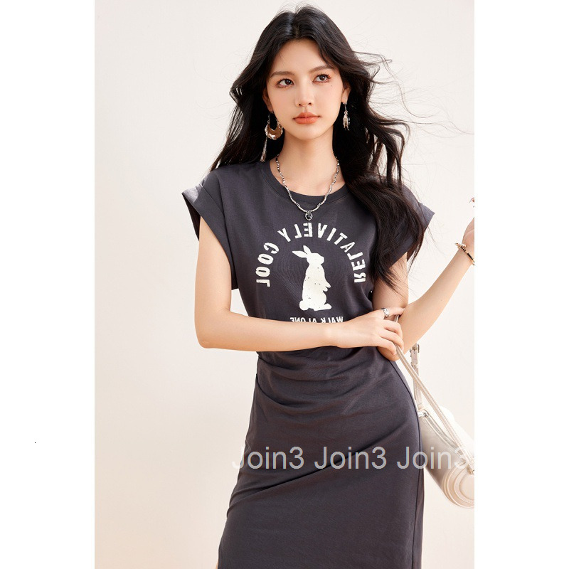 Summer New Printed Half Sleeve T-Shirt Dress for Women Mid-Length Split Short Sleeve Dress with Design Sense