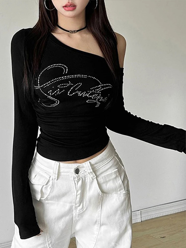 Autumn Womens Tshirt Streetwear Fashion Long Sleeves Casual Slim Tees Black Sexy Skew Collar Female Versatile Top 250729