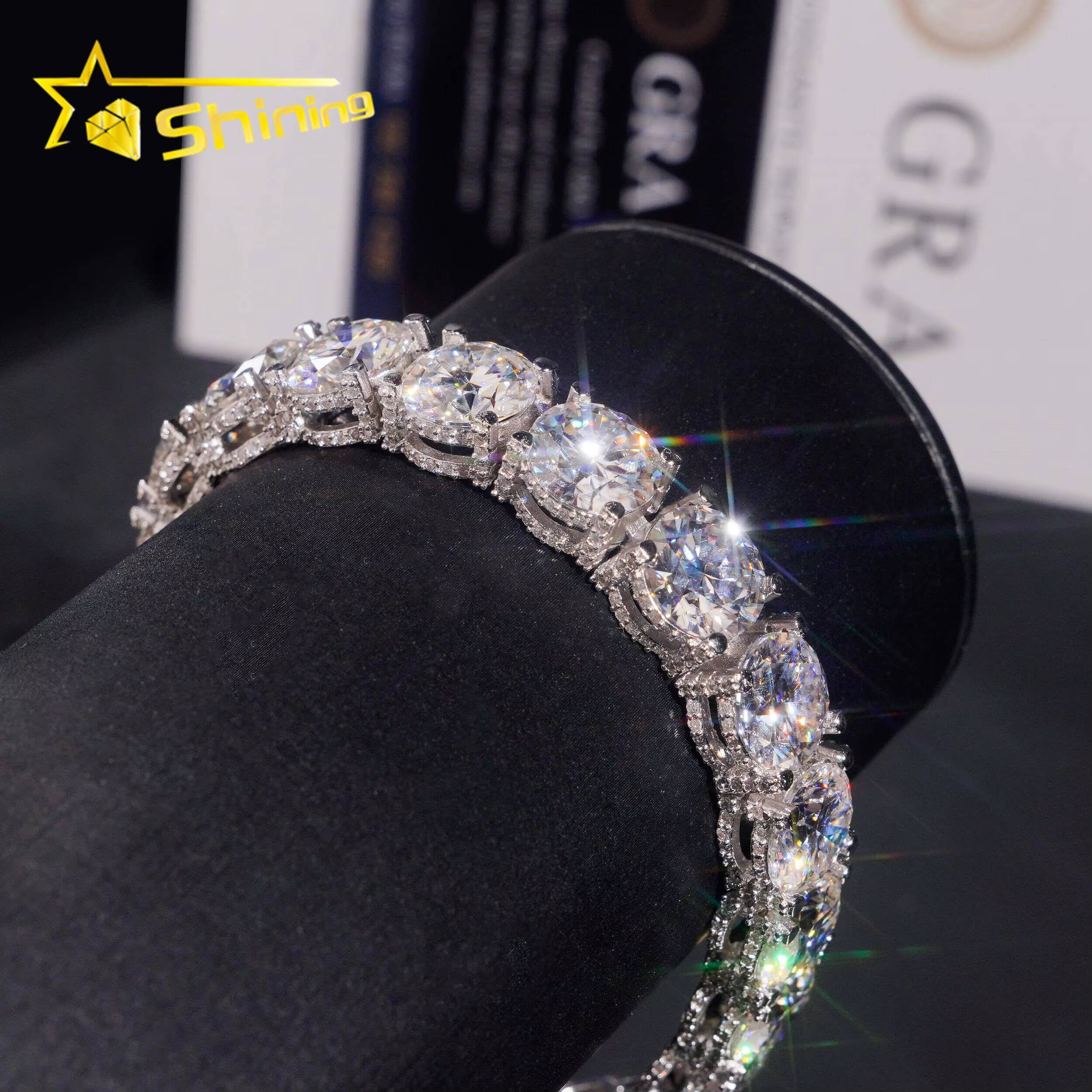 Luxury 10mm Moissanites Bracelet 925 Sterling Silver Gold Plated VVS Moissanite Pass Diamond Test Side Stones Sparkling Bracelet