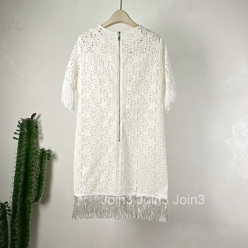 Summer New French Style Round Neck Tassel Loose Waist Hollow Out Simple Short Dress Elegant Short Sleeve Dress