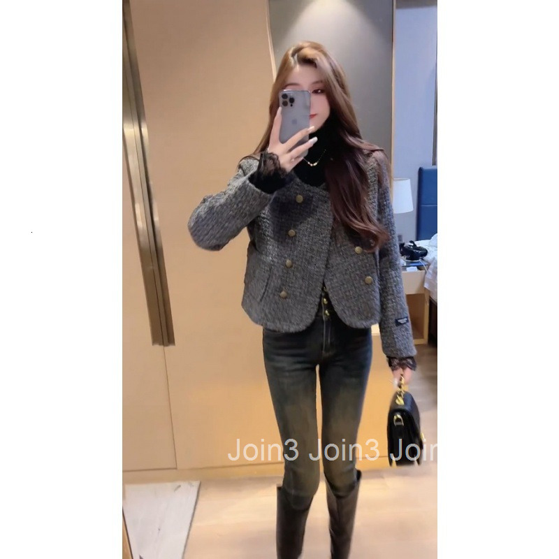 Autumn Winter New Womens French Style Elegant Design Slim Woolen Tweed Double-Breasted Long Sleeve Coat for Women