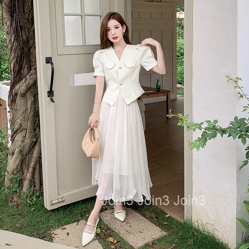 New Summer Womens Fashion Elegant Two-Piece Set Short Sleeve Top Shirt + Chiffon Long Skirt Set