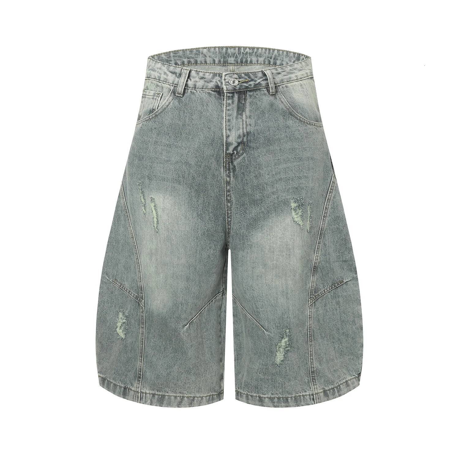 Deconstructive Curved Blade Harem Denim Ripped Blue Vintage Washed Shorts Hip Hop Baggy Wide Leg Crop Jeans