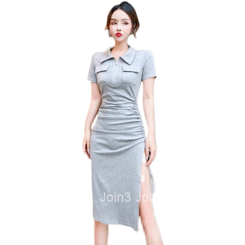 Summer New Fashion Turn-Down Collar Pocket Knitted Stretch Side Slit Slim Fit Short Sleeve Dress Mid-Length