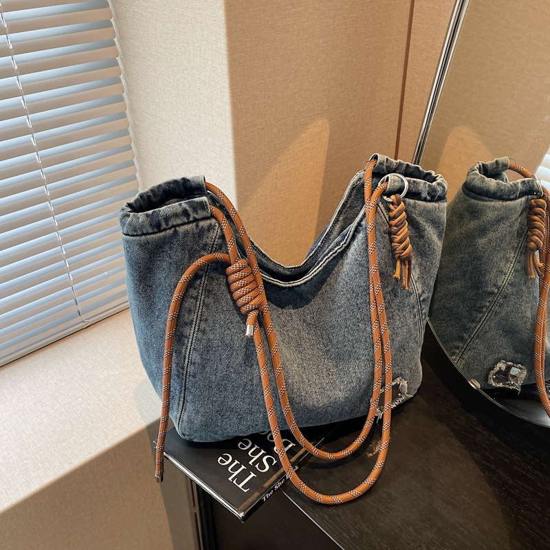 DHAL Large Capacity Denim Tote for Women 2025 New Casual Commuter Shoulder College Student Class Bag