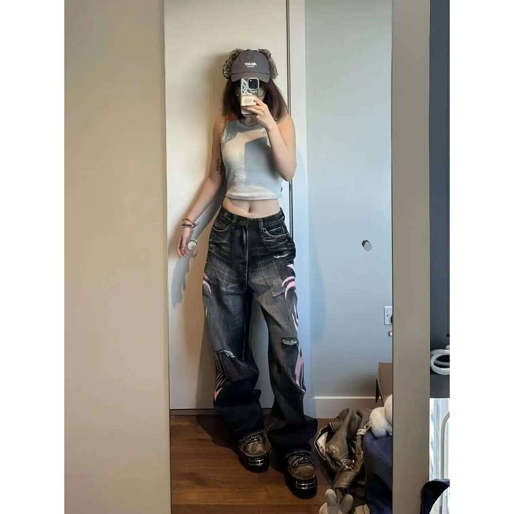 Designer Clothing 2025 Y2k American Vintage Mottled Totem Print Baggy High Waist Wide Leg Women's Haruku Trendy Hip-Hop Jeans