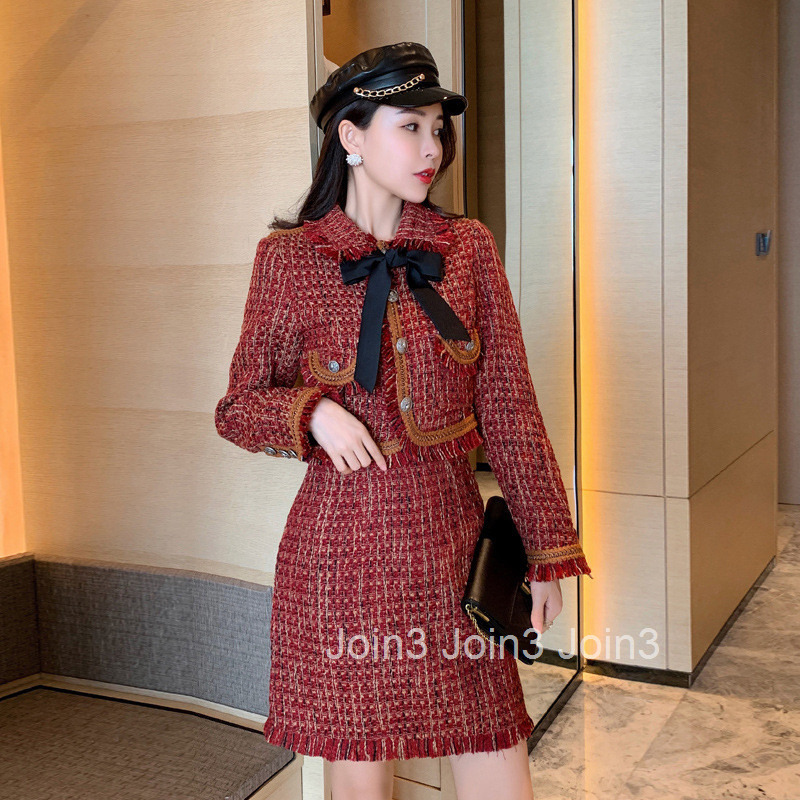 French New Year Festive Fragrance Suit Womens Autumn Winter Thick Floral Woolen Fashion Short Coat and Skirt Two-Piece Set