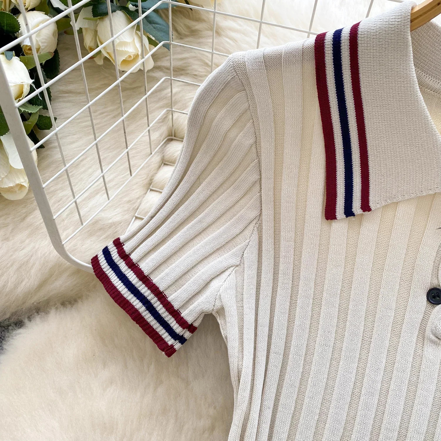 Korean College Style Knit 2pcs Suit Polo Neck Short Sleeve TopsPleated Skirt Women Summer Color Block Vintage Set 250729