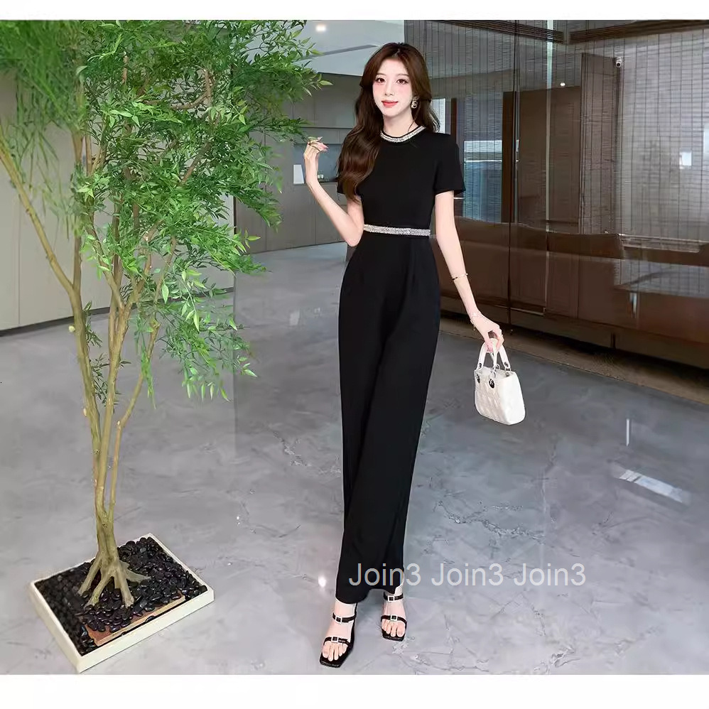 Summer New Round Neck Slim Fit Simple Elegant Casual Black Short Sleeve Jumpsuit Wide Leg Pants Long Pants for Women