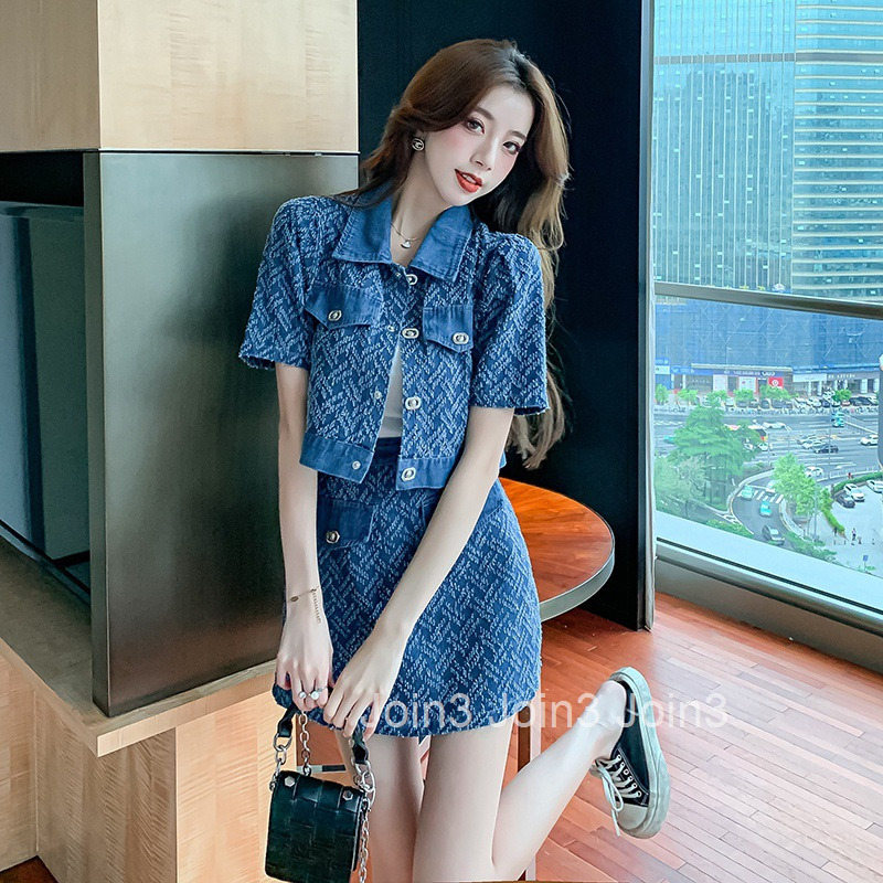 2025 Summer New Fashion Womens Stylish Street Style Short Sleeve Denim Top Bodycon Short Skirt Two-Piece Set for Women
