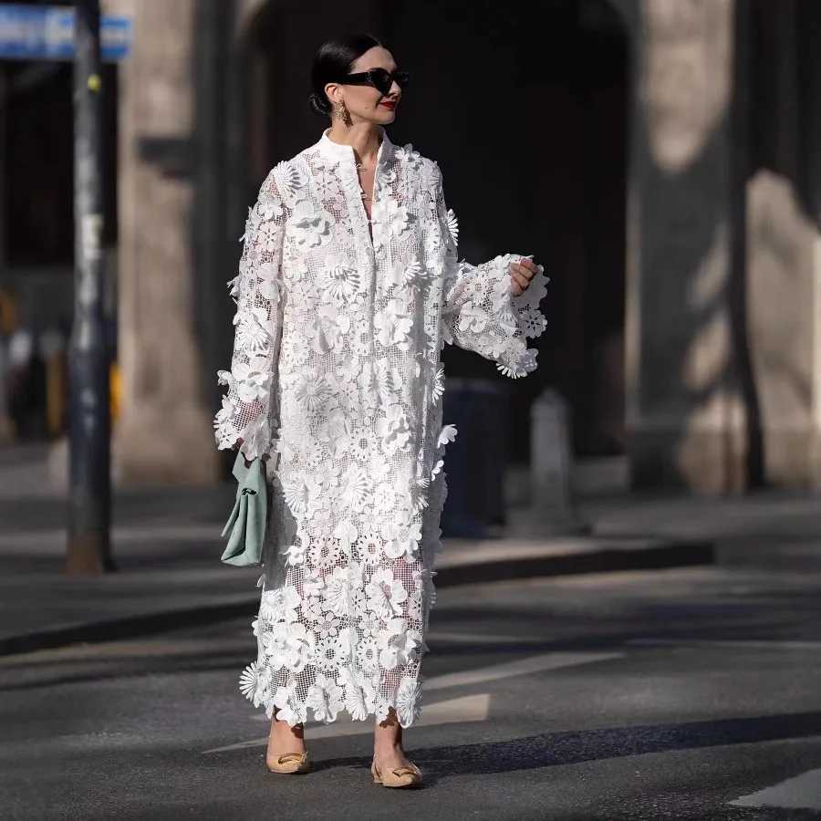 Womens Dress Handmade 3D Embroidered Hollow Design Dress Pure White Dress Elegant Evening Dress Commuter Dress Z250728