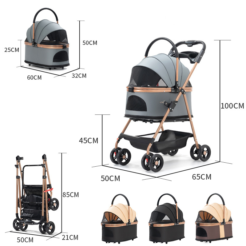 Pet stroller with 4 wheels, foldable pet travel harness, suitable for small/medium-sized dogs and cats, detachable portable pet bag