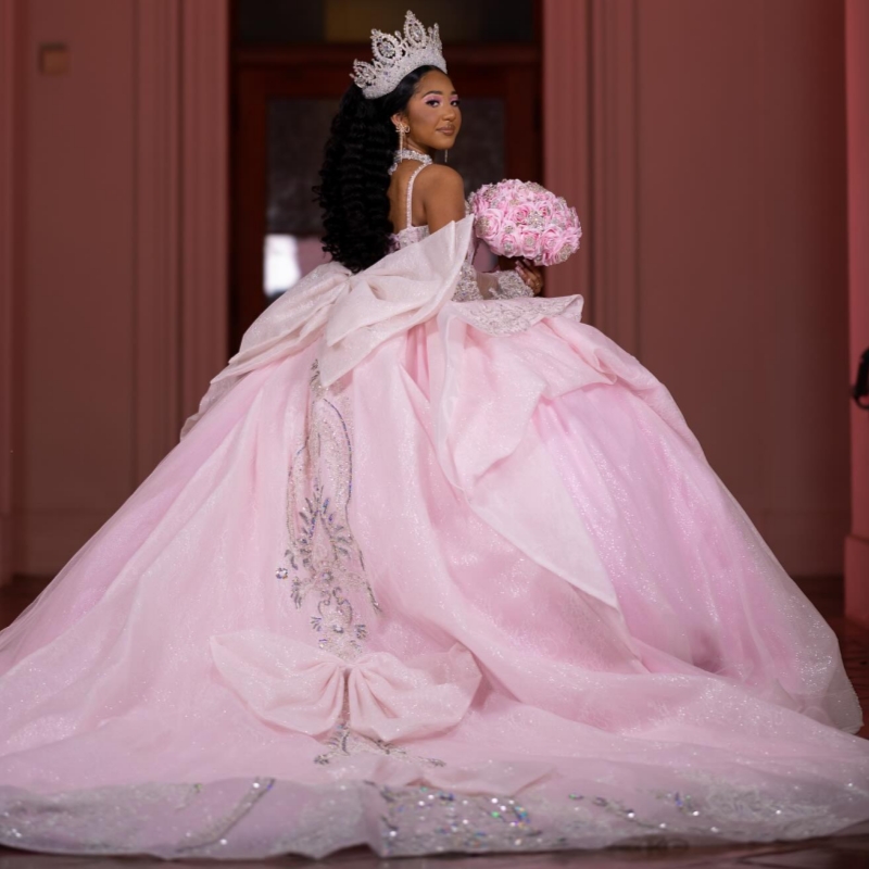 Pink Shiny Quinceanera Dresses Ball Gown Off The Shoulder Sequin Applique Lace Beads Bow Party Birthday Sweet 16 Dress Vestidos 15 Anos