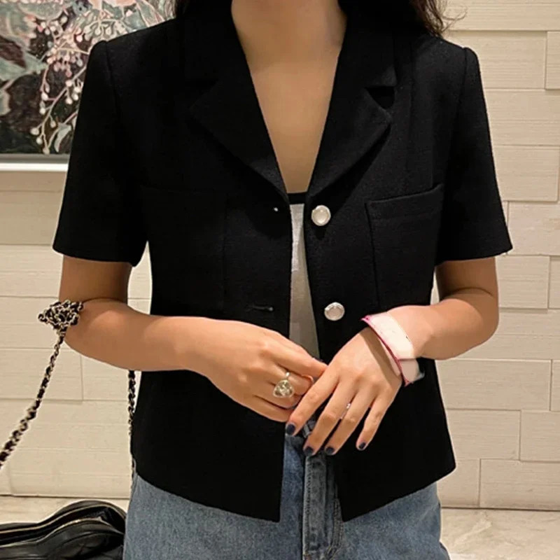 Komiyama Notched Collar Tweed Jackets Exquisite Singlebreasted Womens Jacket Shortsleeved Summer Spring Coats 250729