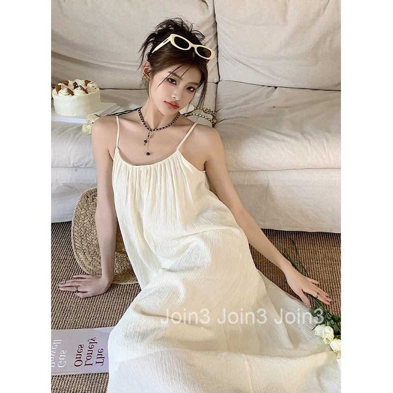 Summer New Pure Desire Style Simple Vacation Loose Large Hem Strap Dress Long Womens Dress