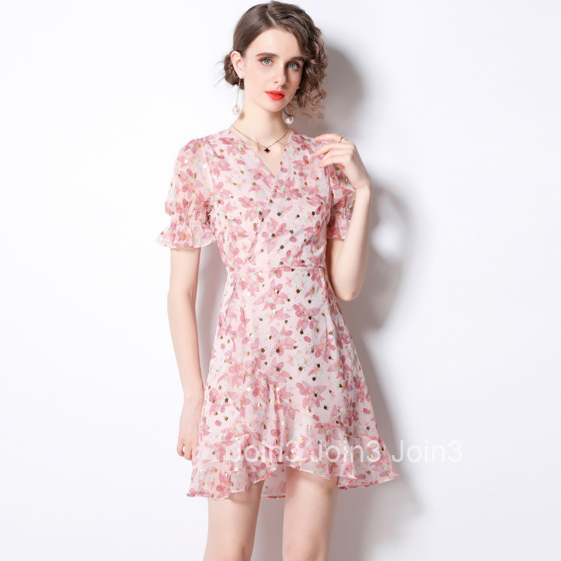 Summer New Womens Sweet High-Waisted Floral Midi Dress Slim Fit Mermaid Print Short Sleeve Dress