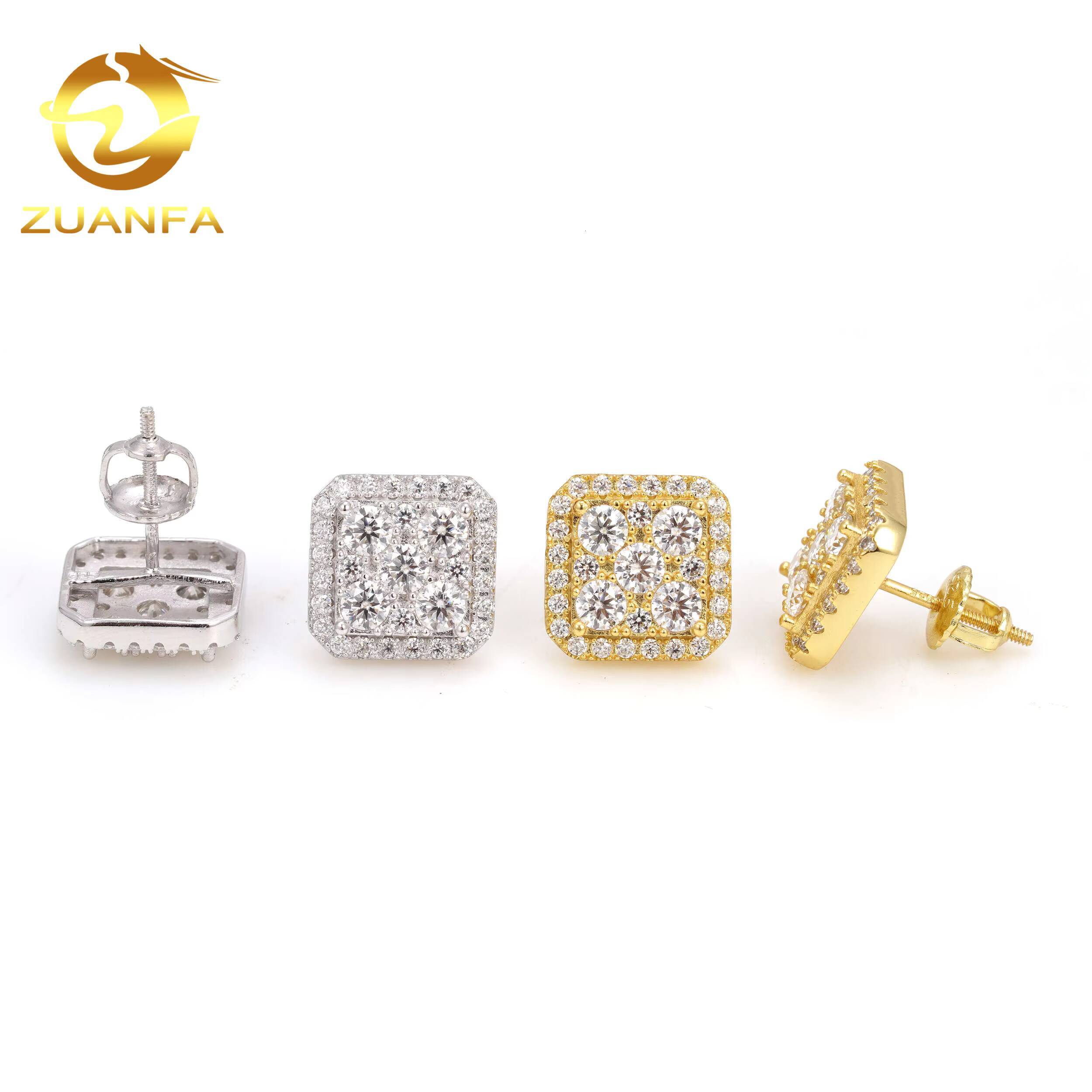 Cheapest Wholesale 11mm Square Screw Back Stud Earrings Hip Hop Mens Moissanite Diamonds 925 Silver Gold Plate Stud Earrings