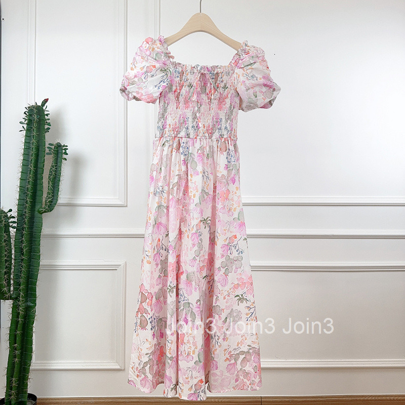 2025 Summer New French Elegant Sweet Square Neck Puff Short Sleeve Printed Dress Waist-Cinching Dress Pleated Long Dress