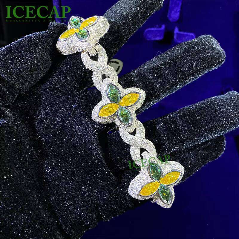 Hot Sale New Design 14MM Sterling Sier Clover Bracelets Iced Out Hip Hop Infinity Colored Moissanite Cuban Bracelet