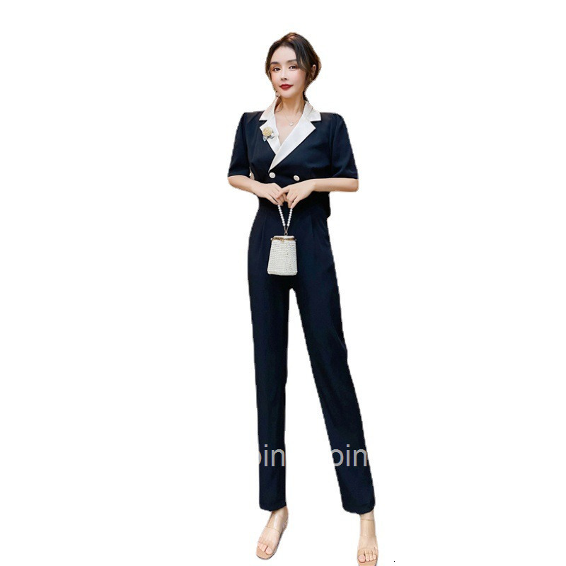 Summer New Trendy Double-Breasted Two-Way Color-Block Mid-Sleeve Top Jumpsuit Long Pants Set for Women