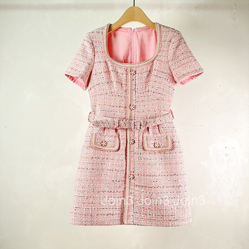 Trendy Summer Autumn Womens French Style Elegant Short Dress High-end Sense Modest Waist-cinching Short Sleeve Dress