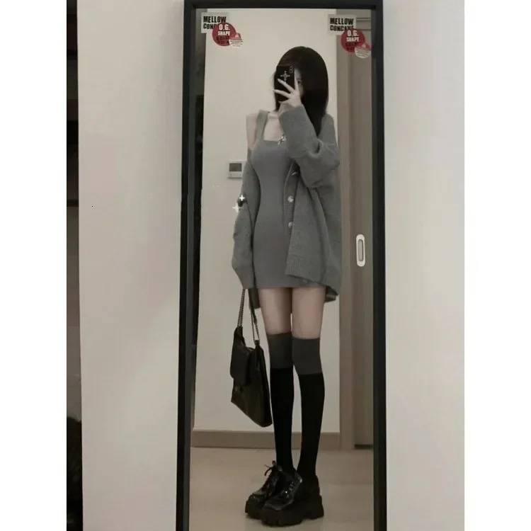 Gray 2 Piece Dress Set Women Casual Long Sleeve Cardigan Bodycon Strap Sweater Evening Party Knitted Suit Autumn 250729