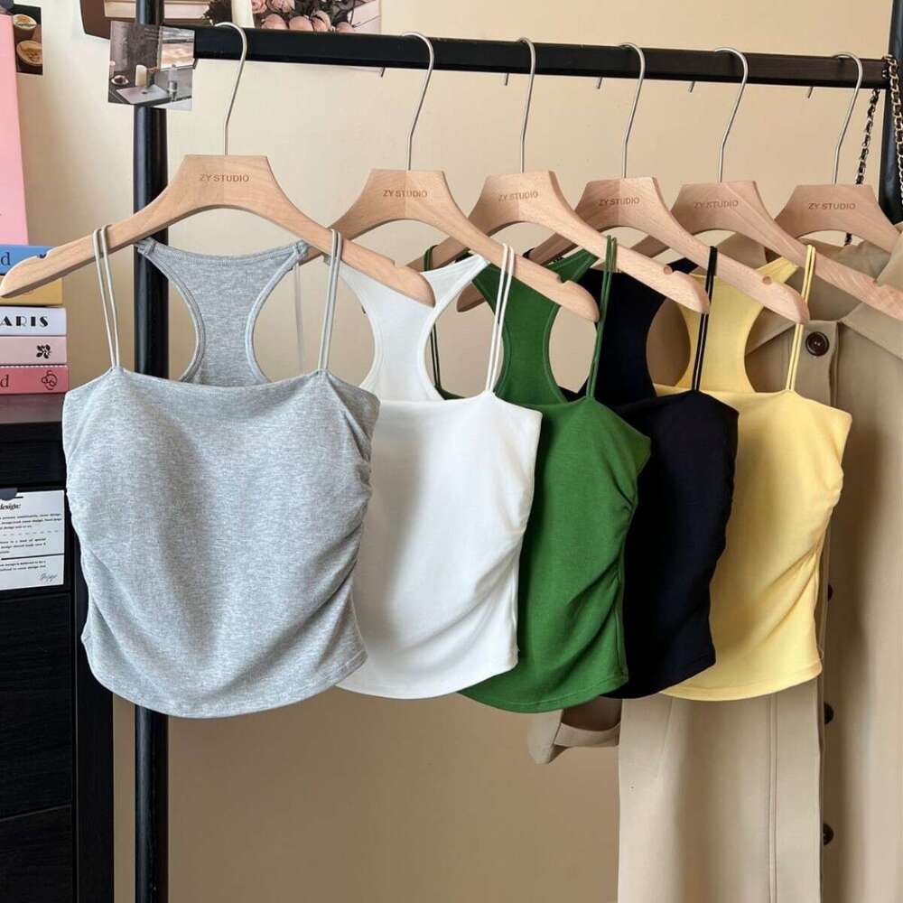 Designer T Shirt Sweet Spicy Girl Solid Color Racerback Camisole With Chest Pad Ruched Design Slim Fit Short Style Beautiful Back Top For Women