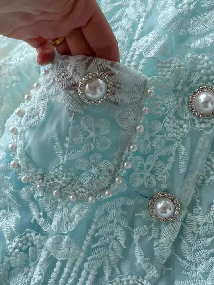 Autumn Elegant Flower Embroidery Lace Two Piece Matching Set Womens Long Sleeve Pearls Button Crop Top Midi Skirts Suits 250728