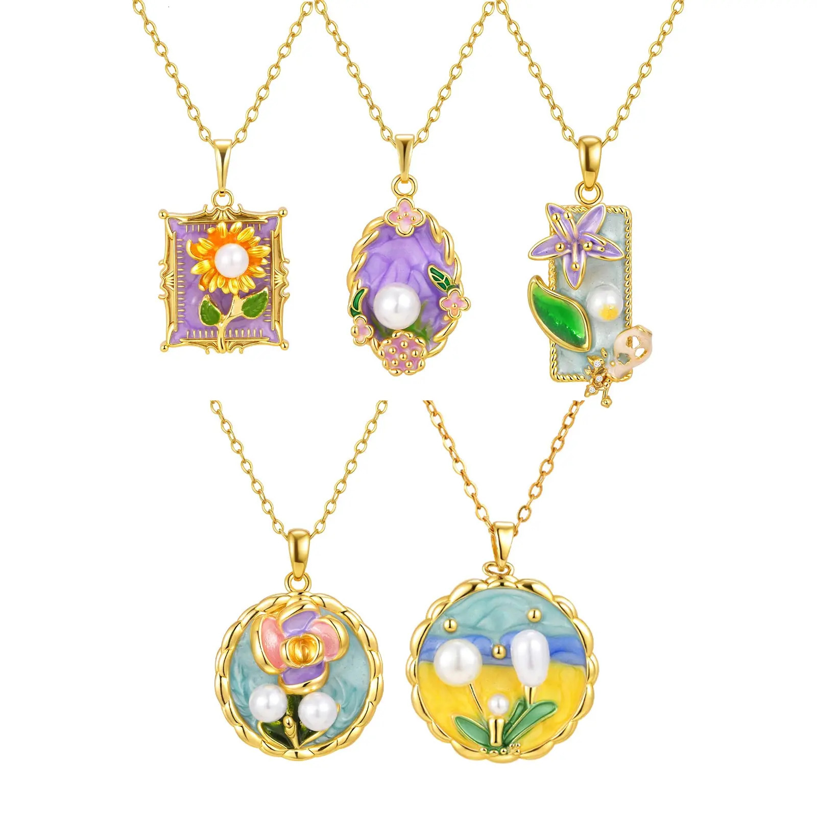 Colorful Oil Painting Style Flower Pearl Necklace Copper Fashion Drip Oil Boho Pendant Charms Statement Jewelry Gift 250729