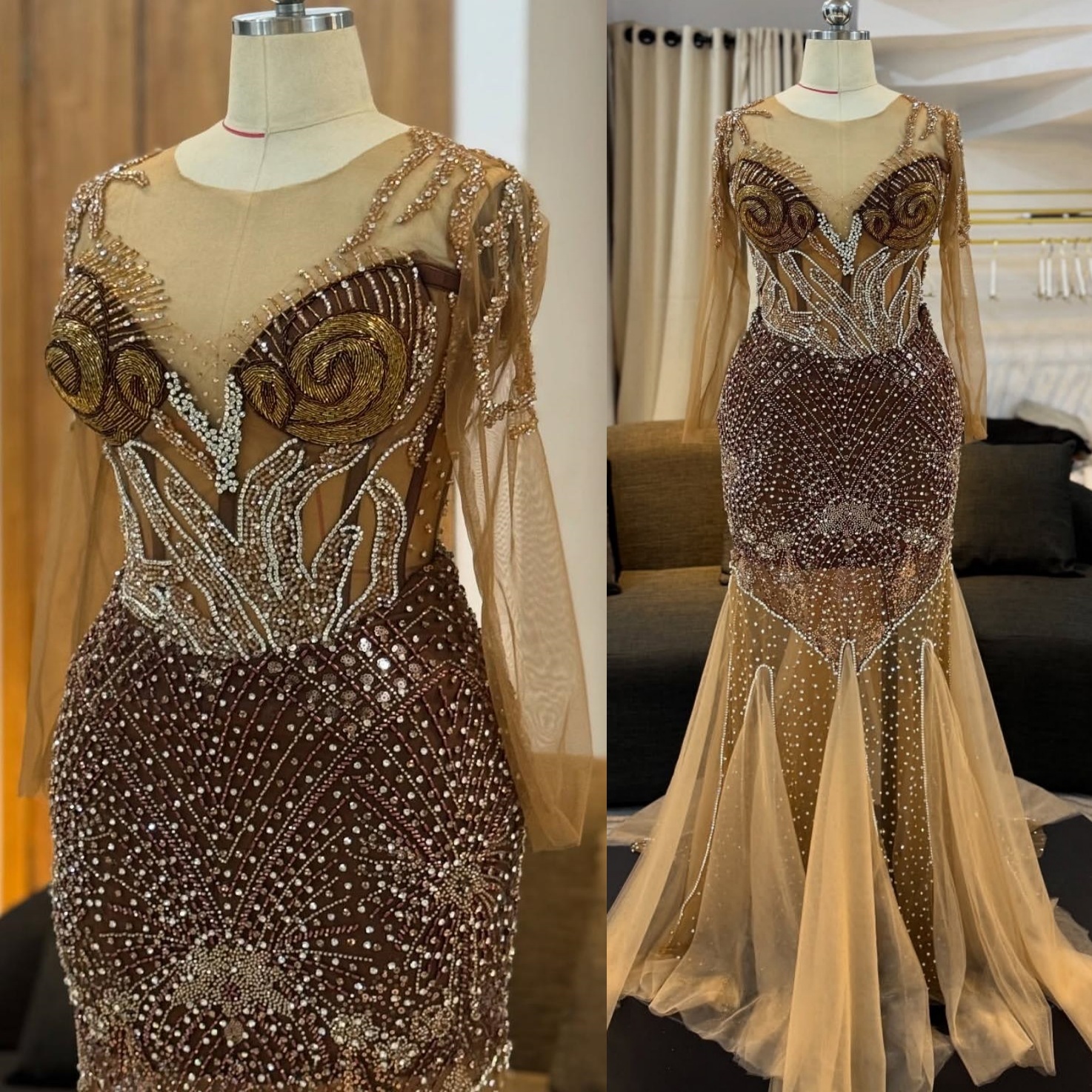 Mermaid Brown Prom Dresses 2025 Beaded Crystals Illusion Evening Formal Party Second Birthday Engagement Gowns Plus Size Dress For Special Occasions Z