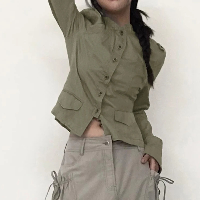 Darlingaga Streetwear Pockets Cargo Style Womens Jacket Slim Stand Collar Autumn Coat Y2K Buttons Aesthetics Korean Outwear 250729