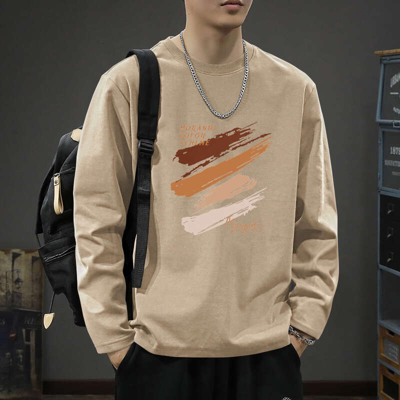 Designer T Shirt Spring And Autumn 200G Heavyweight Combed Cotton Long Sleeve T-Shirt Men's Trendy Brand Printed Loose Plus Size Autumn Inner Lay