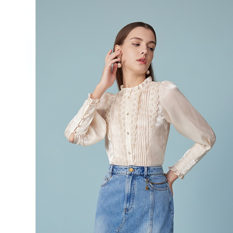 2025 Summer New Women's Lace Stitching French Top Stand Collar Lantern Sleeve Shirts Women 6112275