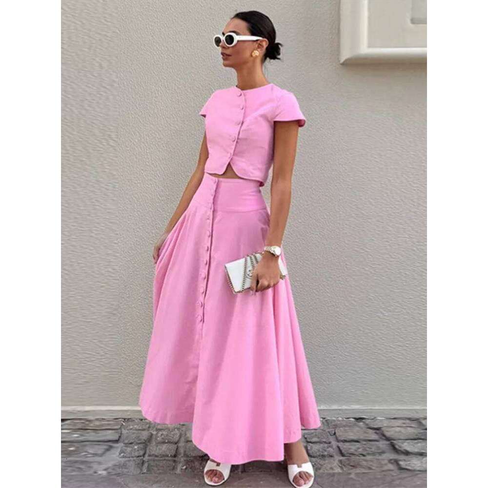 Women Vest Skirt Suit Solid O-neck Single Breasted Sleeve Short Top Button Wide Leg Skirts Female Summer Lady Beach Wears