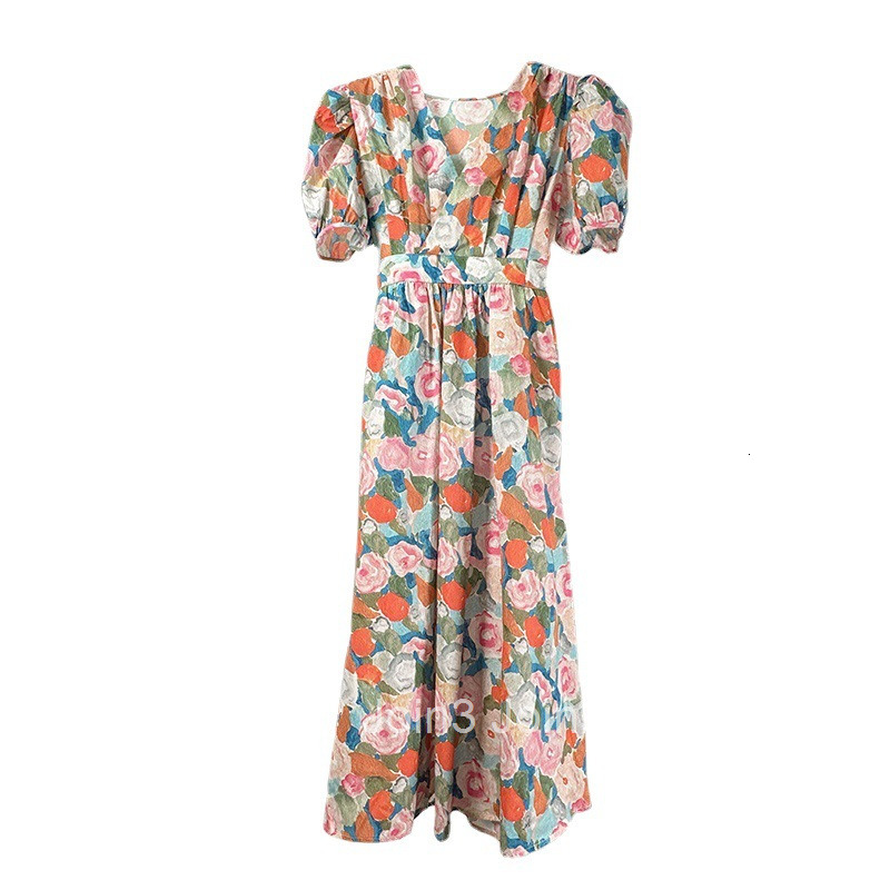 Printed Dress for Women Summer New Vacation V-neck Short Sleeve High Waist Loose Mid-length A-line Dress