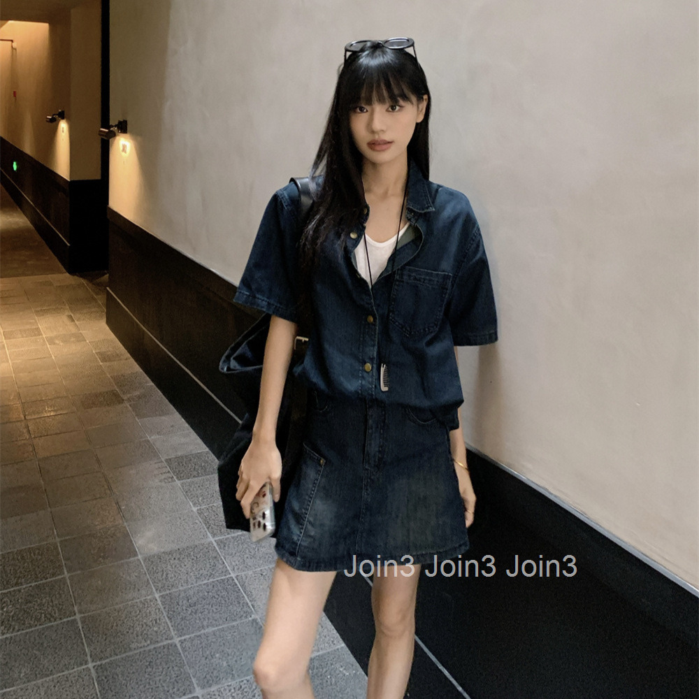 25 Summer New Korean Style Loose Short Sleeve Denim Shirt Top and Half Skirt Two-Piece Set for Women