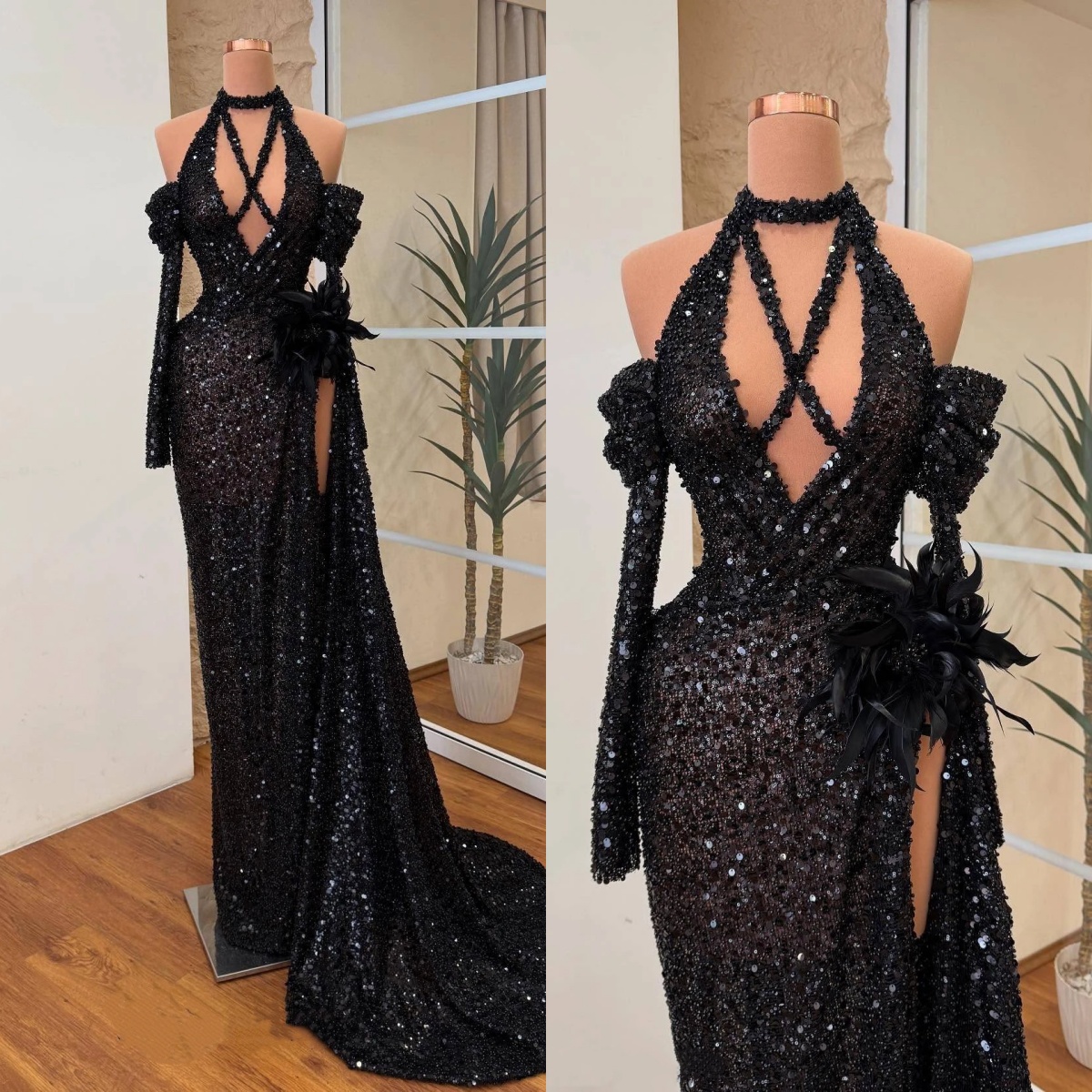 Stylish Sequins Evening Dresses Halter Feather Prom Dress Long Sleeves High Split Illusion Mermaid Party Gowns Vestidos De Noche Plus Size