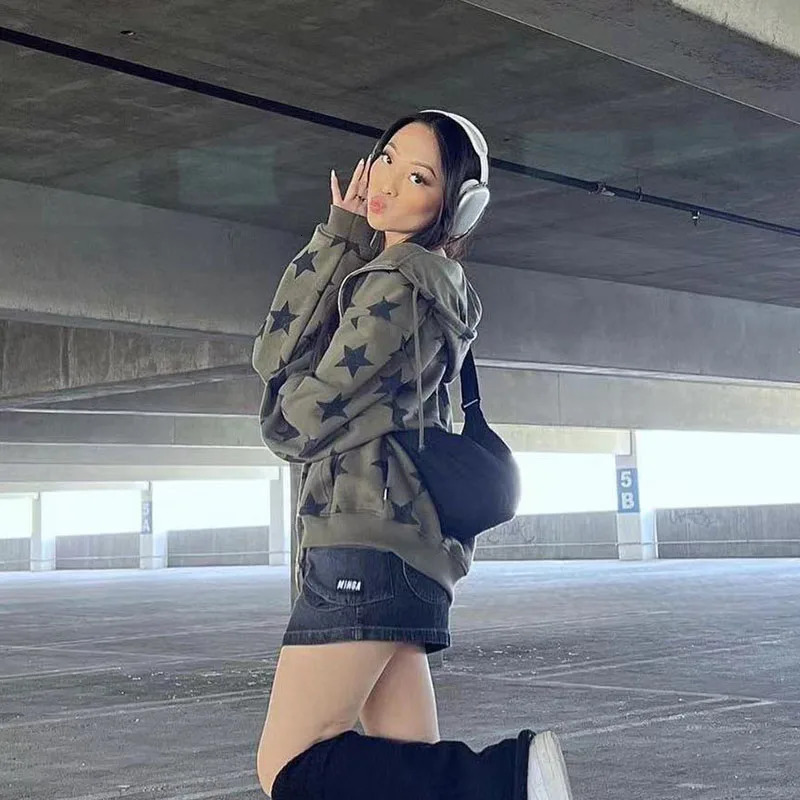 Women Harajuku Casual Loose Grunge Sweatshirt Autumn Winter Vintage Jacket Hip Hop Punk High Street Stars Print Zip Up Hoodies 250729