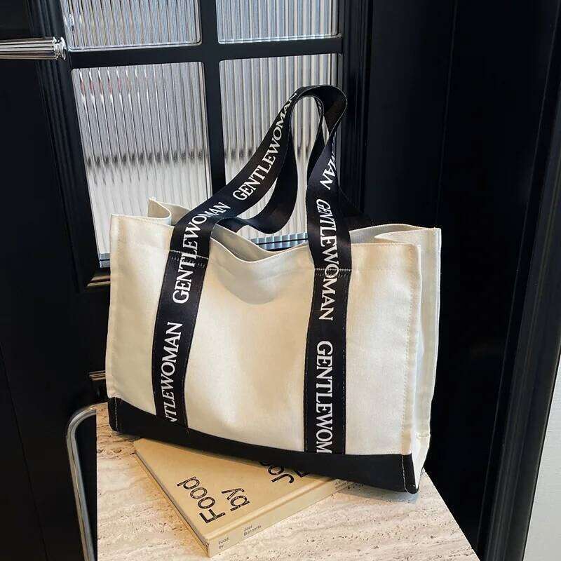 Canvas Tote Women Letter Print Shoulder Bag Stylish Colorblock Work Purse Fashion Office Commute Handbag
