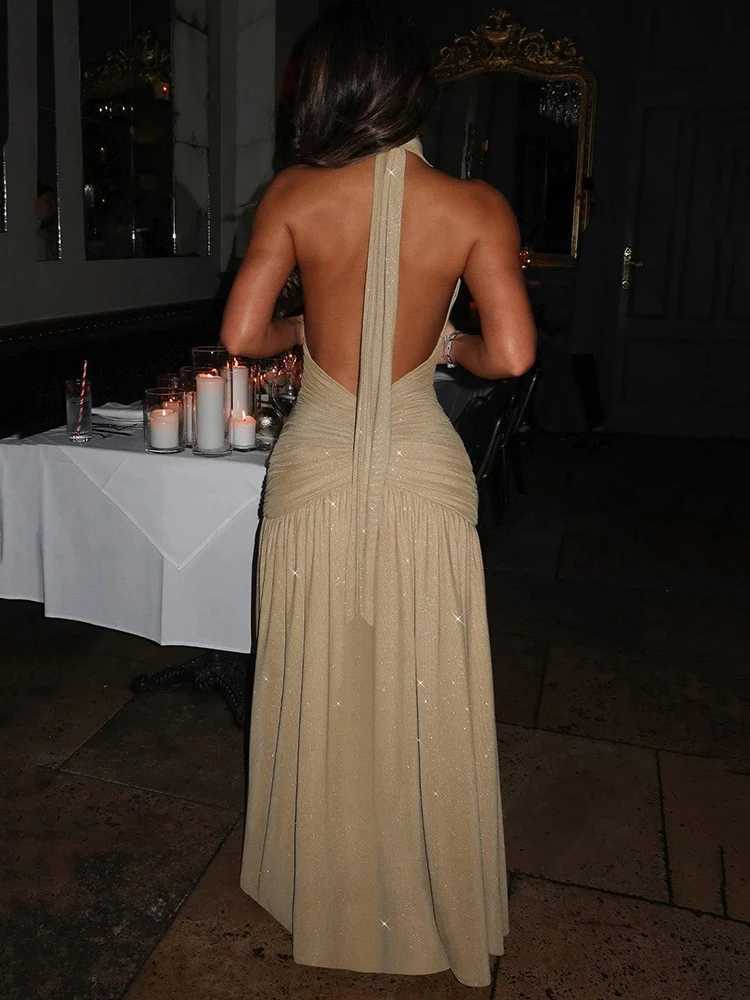 Mozision Glitter Deep V Neck Sexy Maxi Dress For Women 2025 Fashion Sparkle Halter Sleeveless Backless Split Club Long Dress Z250728