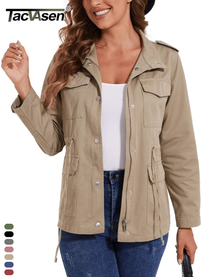 TACVASEN Cotton Cargo Truck Jackets Womens Fashion Stand Collar Y2K Work Outerwear 4 Flap Pockets Drawstring Waist Utility Coats 250729