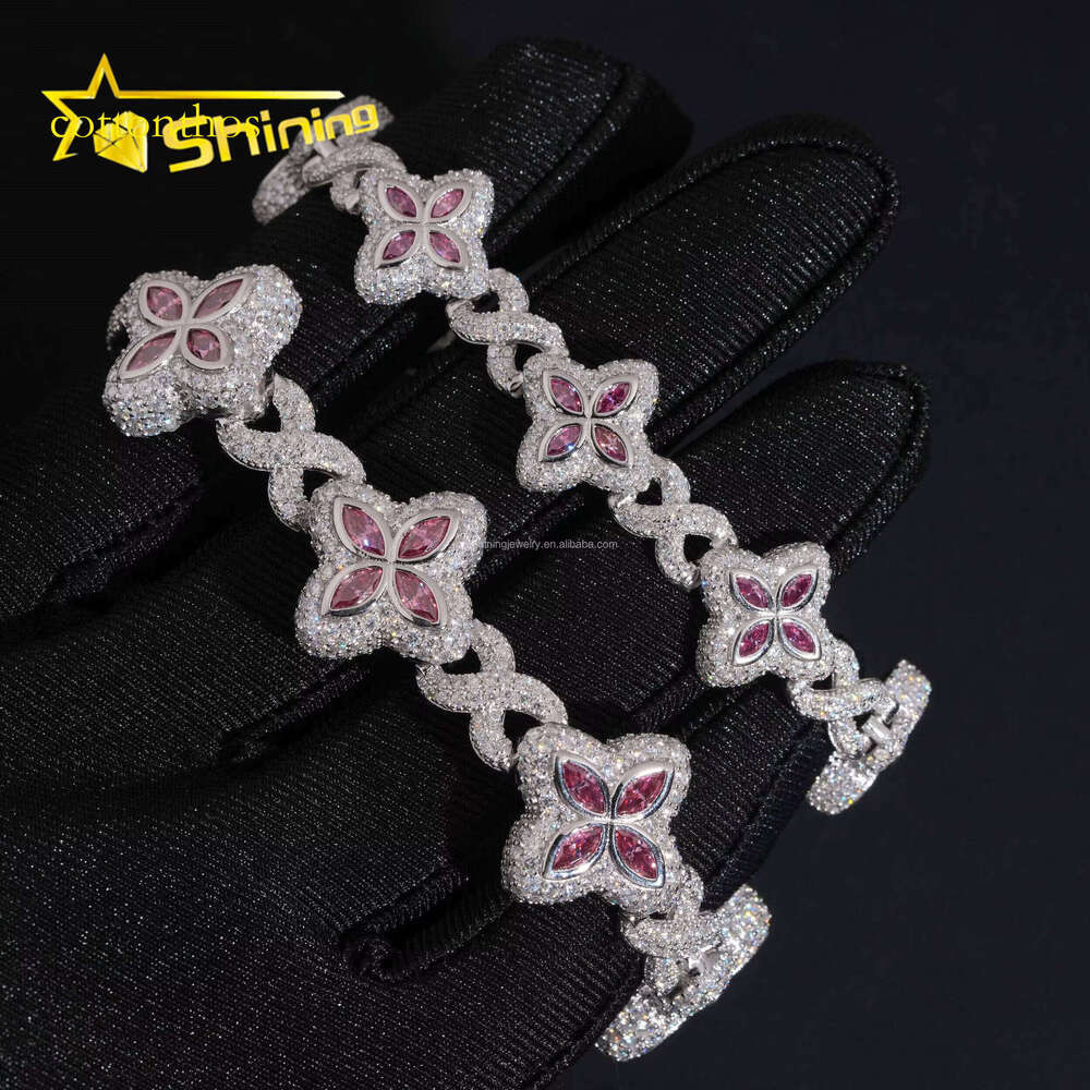 Unique Marquise Design Rapper Jewelry Hip Hop Pink Color Moissanite Iced Out S Sier Cuban Clover Bracelet