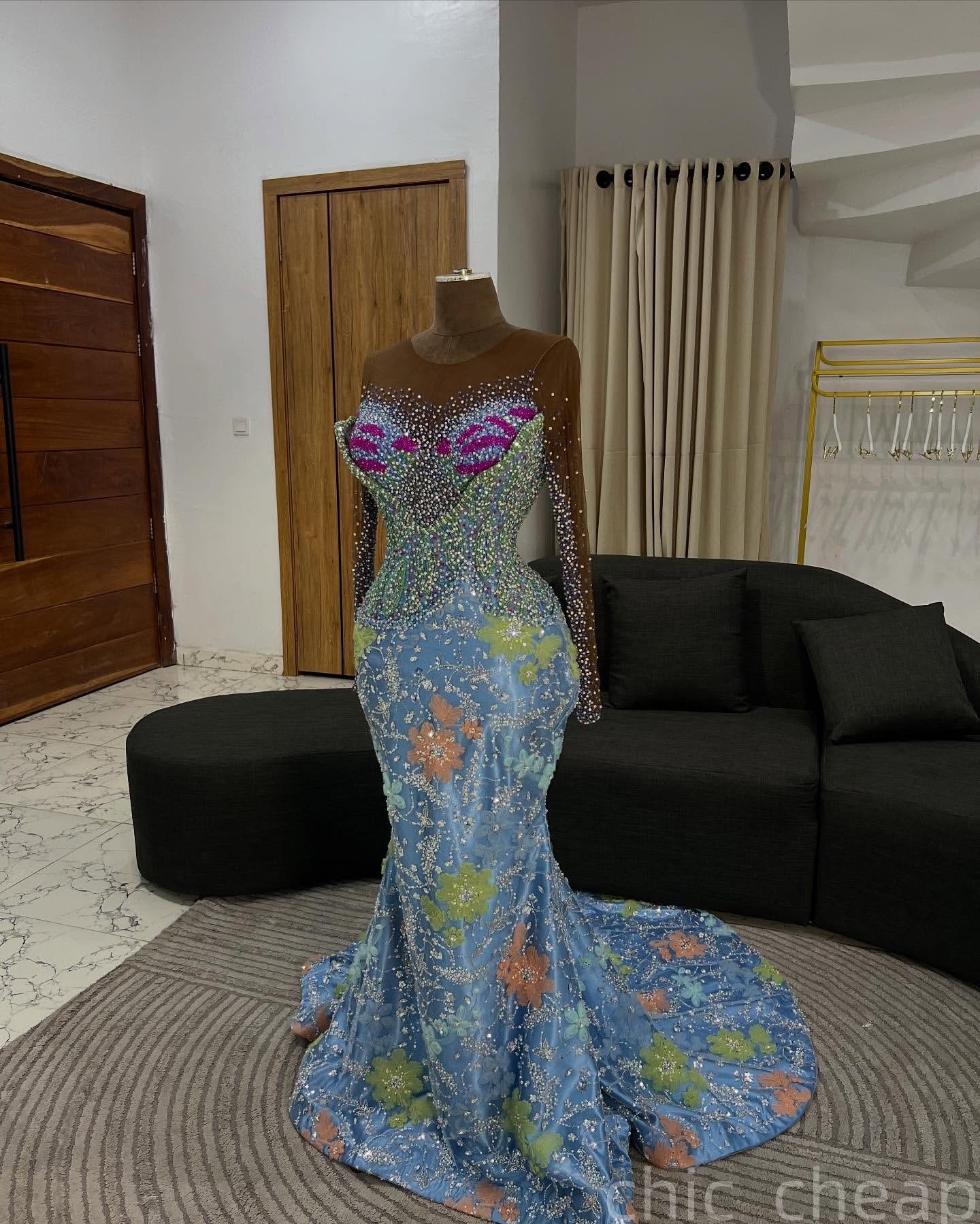 Mermaid Sky Blue Prom Dresses 2025 Crystals Beaded 3D Floral Lace Evening Formal Party Second Birthday Engagement Gowns Plus Size Dress For Special Oc