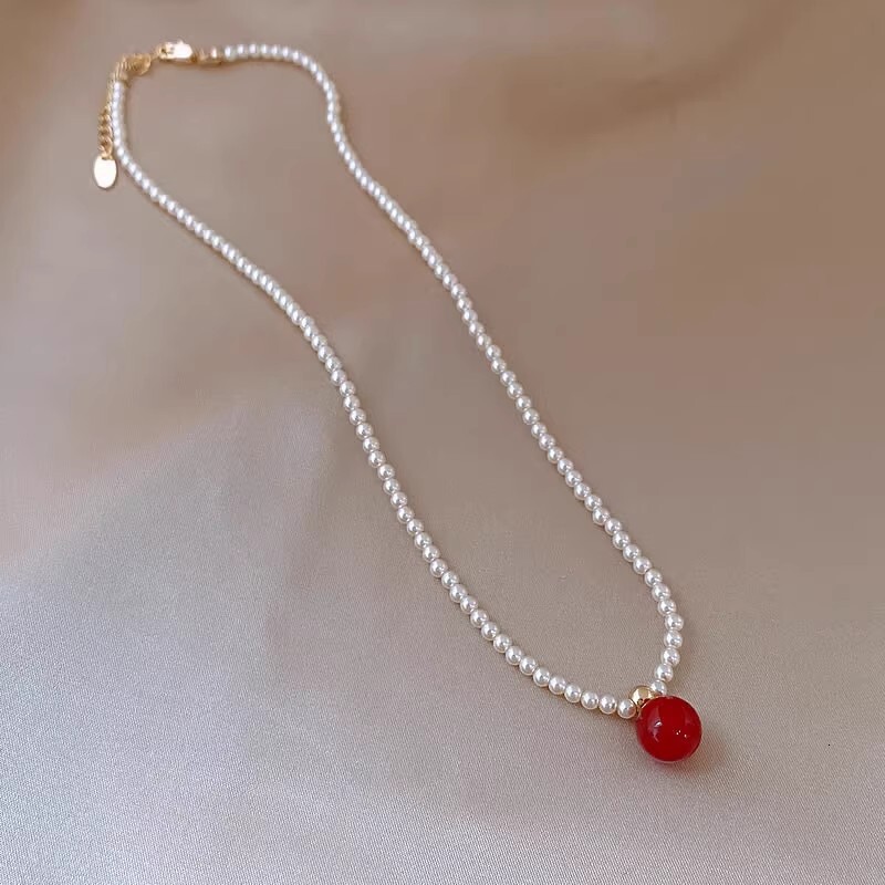 Red Agate Shijia Xiaomi Pearl Necklace Accessories Women's Choker Light Niche 2025 New Pendant Collarbone Chain Jewelry for Women